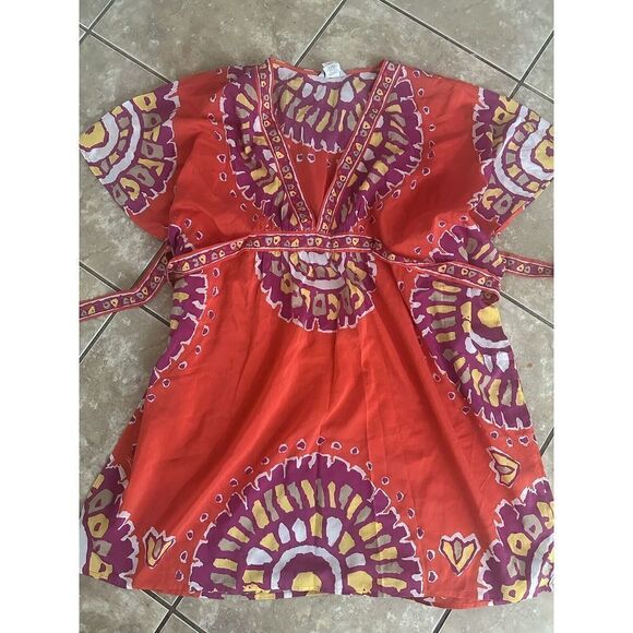 Trina Turk L Silk Blend Kimono Style Mini Dress Multicolor Tie - Picture 1 of 7